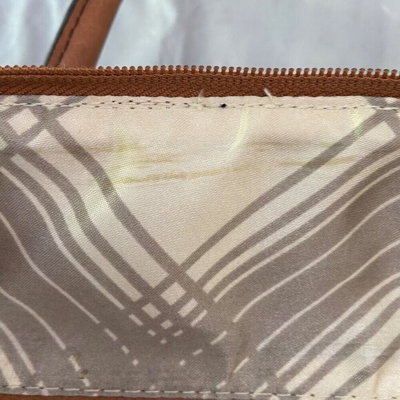 London Fog Brown & Tan Vegan Ostrich Leather Satchel Handbag With Shoulder - Picture 7 of 14